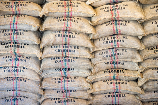 Coffee sacks prepared for export in Colombia